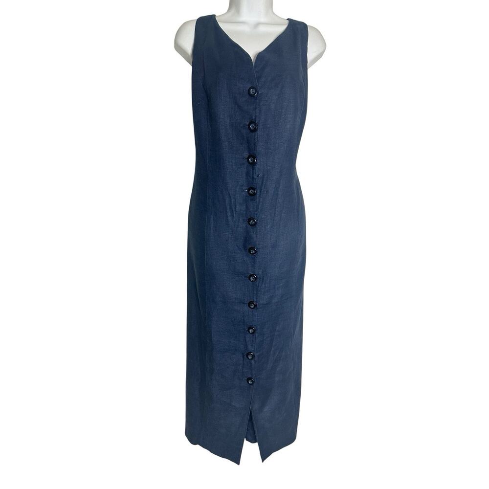 Vtg 90s Navy Blue 100% Linen Maxi Dress Button Front Open Back Resort Coastal 14 - Picture 4 of 15